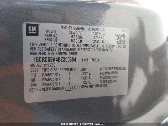 2011 CHEVROLET SILVERADO 1500 LT VIN: 1GCRCSEA4BZ390384