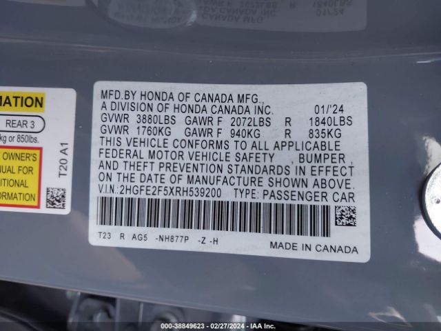 2HGFE2F5XRH539200 Honda Civic Sport