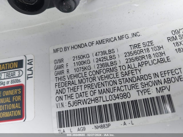 Honda Cr-v Awd Ex-l 2020 5J6RW2H87LL034980 Image 9