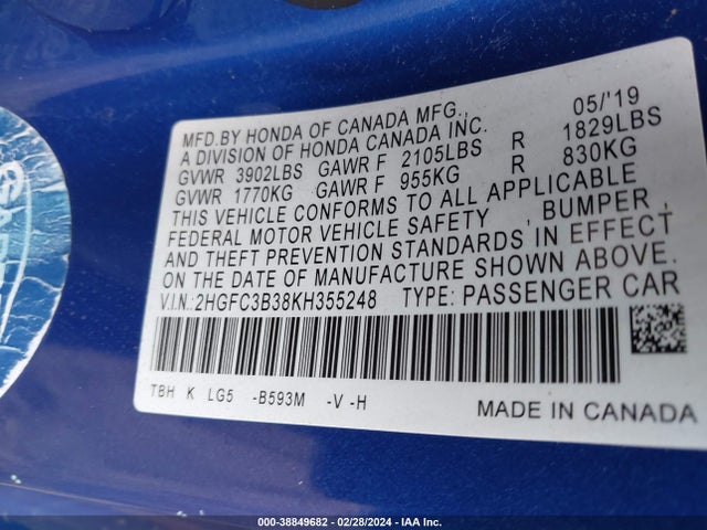 Honda CIVIC EX 2019 2HGFC3B38KH355248 Image 9