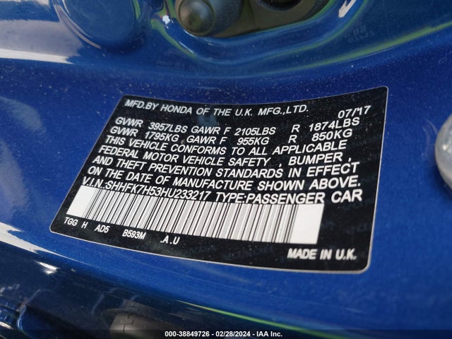Honda CIVIC EX 2017 SHHFK7H53HU233217 Image 9