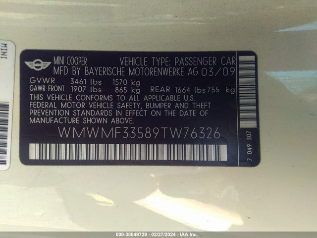 2009 MINI COOPER WMWMF33589TW76326 Photo 8