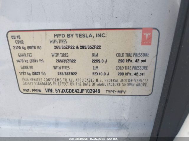 5YJXCDE42JF103948 Tesla Model X 100d/75d/p100d