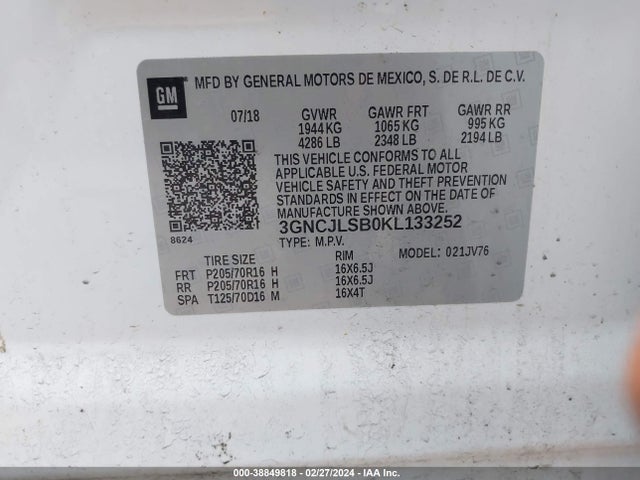 Chevrolet Trax Lt 2019 3GNCJLSB0KL133252 Image 9