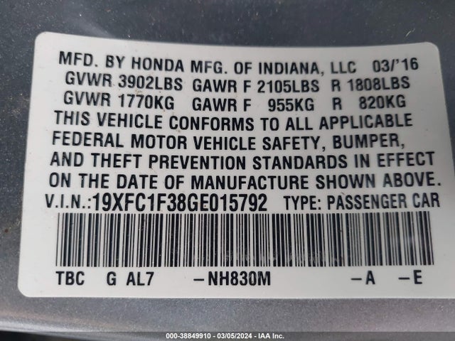Honda Civic Ex-t 2016 19XFC1F38GE015792 Image 9