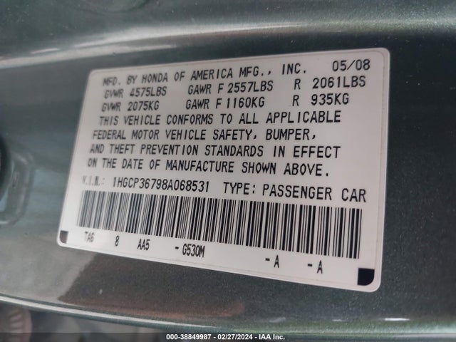2008 HONDA ACCORD 3.5 EX VIN: 1HGCP36798A068531