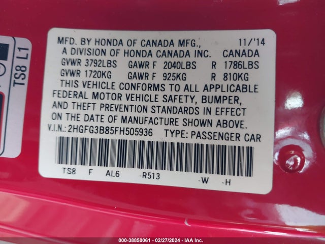 Honda CIVIC EX 2015 2HGFG3B85FH505936 Image 9