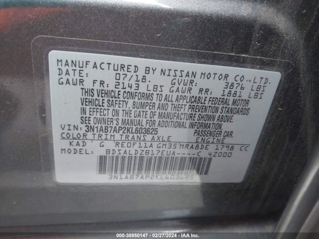 Nissan SENTRA SV 2019 3N1AB7AP2KL603625 Image 9