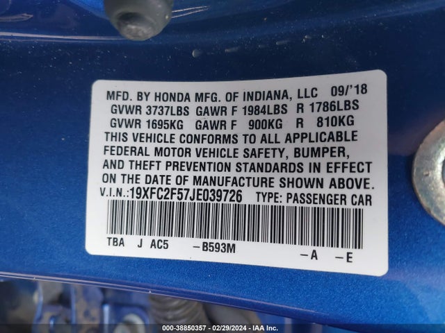 Honda Civic Lx 2018 19XFC2F57JE039726 Image 9