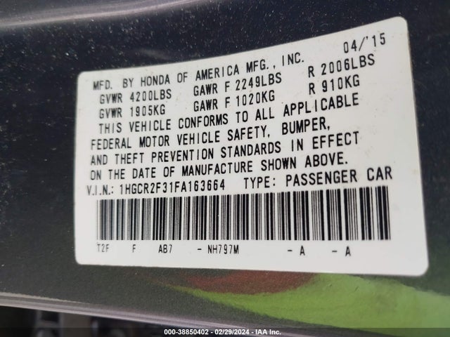 Honda ACCORD LX 2015 1HGCR2F31FA163664 Image 9