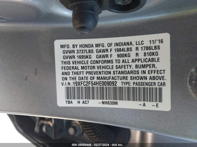 Honda Civic Lx 2017 19XFC2F54HE009092 Image 9