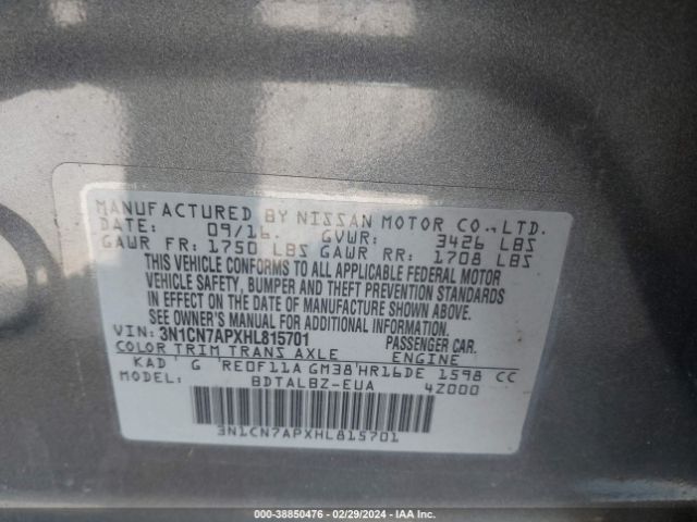 3N1CN7APXHL815701 Nissan Versa 1.6 S/1.6 S+/1.6 Sl/1.6 Sv