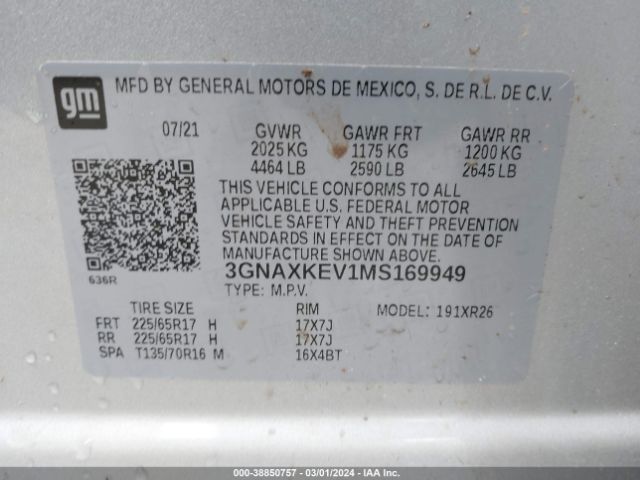 3GNAXKEV1MS169949 Chevrolet Equinox Fwd Lt