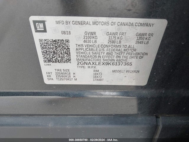 Chevrolet EQUINOX LT 2019 2GNAXLEX9K6137365 Image 9