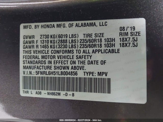 Honda ODYSSEY EX 2020 5FNRL6H51LB004856 Image 9