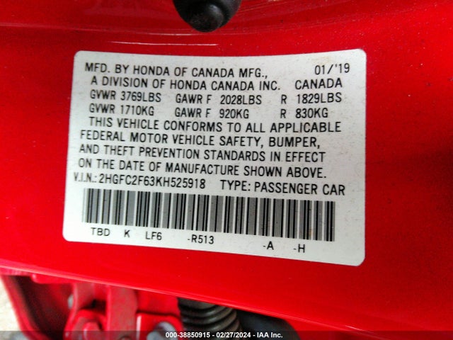 Honda Civic Lx 2019 2HGFC2F63KH525918 Image 9
