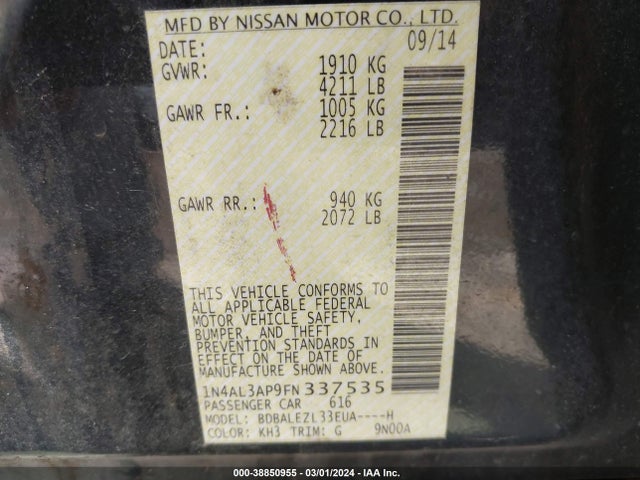 Nissan Altima 2.5 S 2015 1N4AL3AP9FN337535 Image 9
