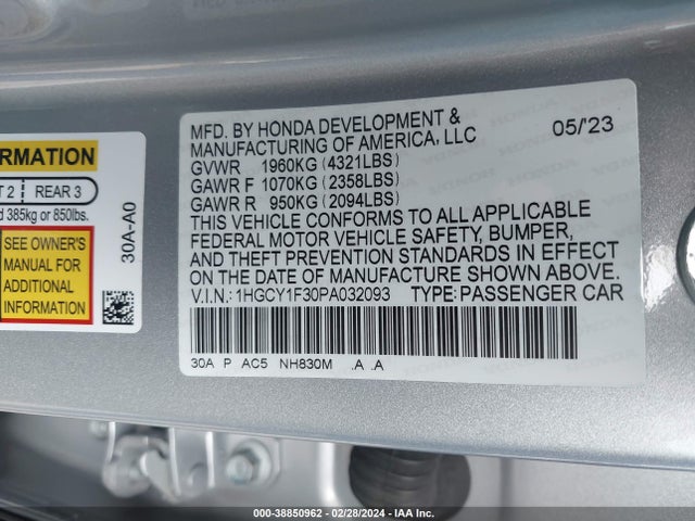 Honda ACCORD EX 2023 1HGCY1F30PA032093 Image 9