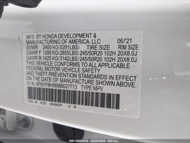 Honda Passport Awd Ex-l 2021 5FNYF8H56MB027713 Image 9
