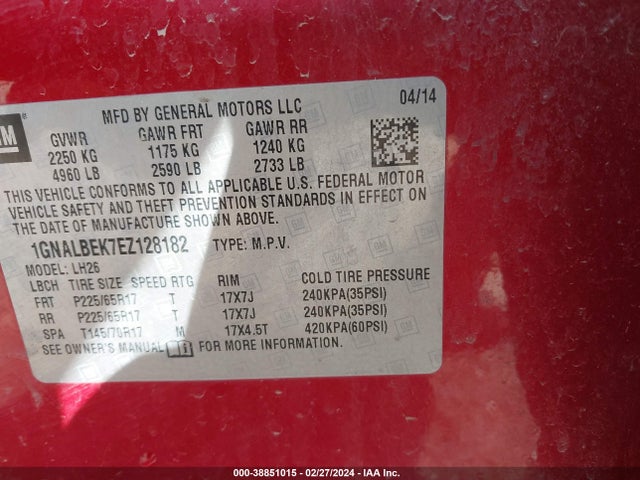 Chevrolet EQUINOX 1LT 2014 1GNALBEK7EZ128182 Image 9