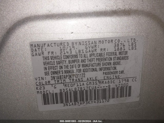Nissan SENTRA S 2019 3N1AB7AP3KY431172 Image 9