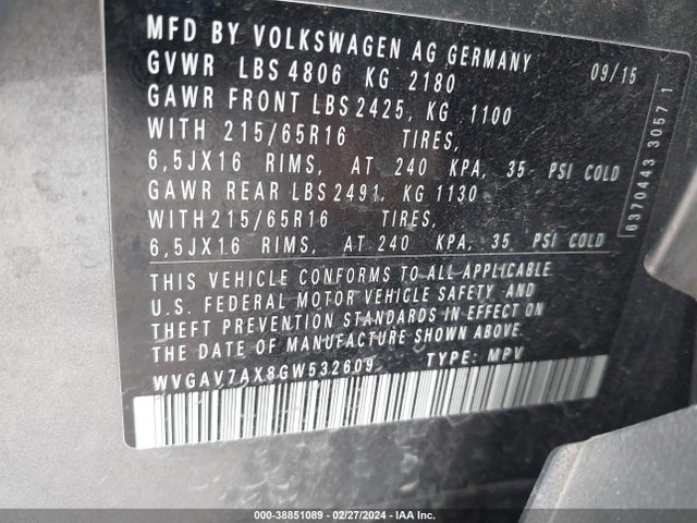 Volkswagen TIGUAN S 2016 WVGAV7AX8GW532609 Image 9