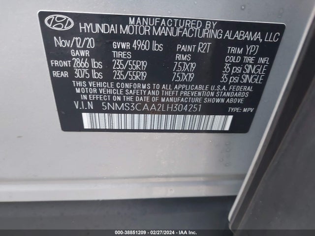 Hyundai Santa Fe Sel 2.0t 2020 5NMS3CAA2LH304251 Image 9