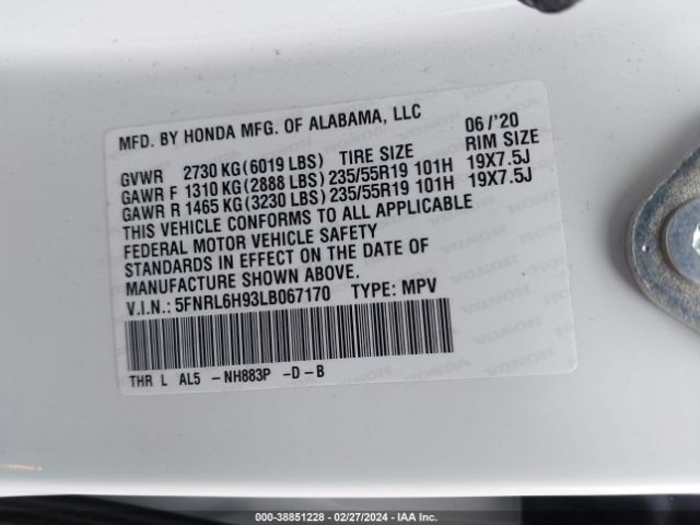 5FNRL6H93LB067170 Honda Odyssey Elite