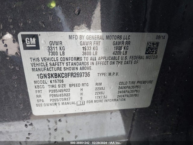 Chevrolet Tahoe Lt 2015 1GNSKBKC8FR269736 Image 9