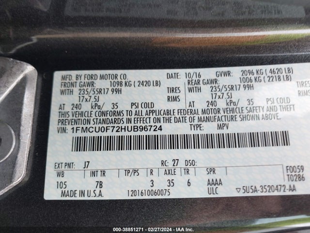 Ford ESCAPE S 2017 1FMCU0F72HUB96724 Image 9