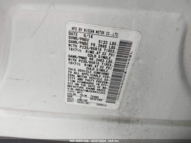 JN8AZ1MU3EW422303 Nissan MURANO SL