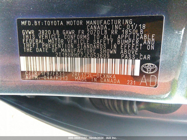 Toyota COROLLA LE 2018 2T1BURHE7JC053609 Image 9