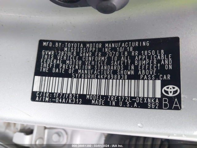 Toyota COROLLA LE 2019 5YFBURHE4KP898838 Image 9