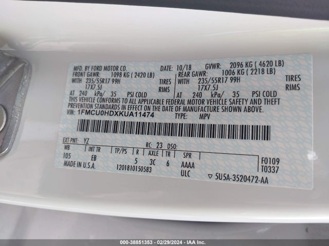 Ford ESCAPE SEL 2019 1FMCU0HDXKUA11474 Image 9