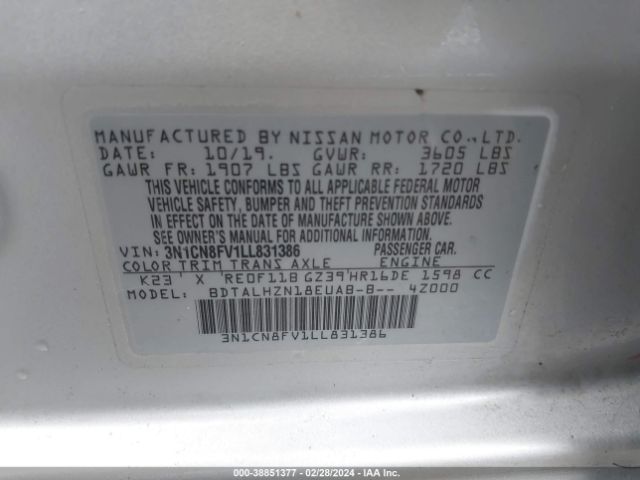 3N1CN8FV1LL831386 Nissan Versa Sr Xtronic Cvt