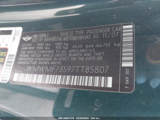 2007 MINI COOPER S WMWMF73597TT85807 Photo 8