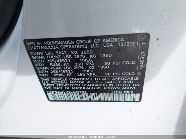 1V2FE2CA1NC206668 Volkswagen Atlas Cross Sport 3.6l V6 Sel Premium R-line