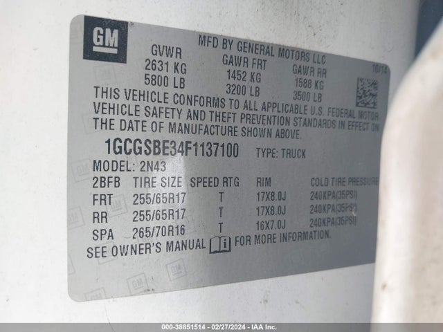 Chevrolet Colorado Lt 2015 1GCGSBE34F1137100 Image 9
