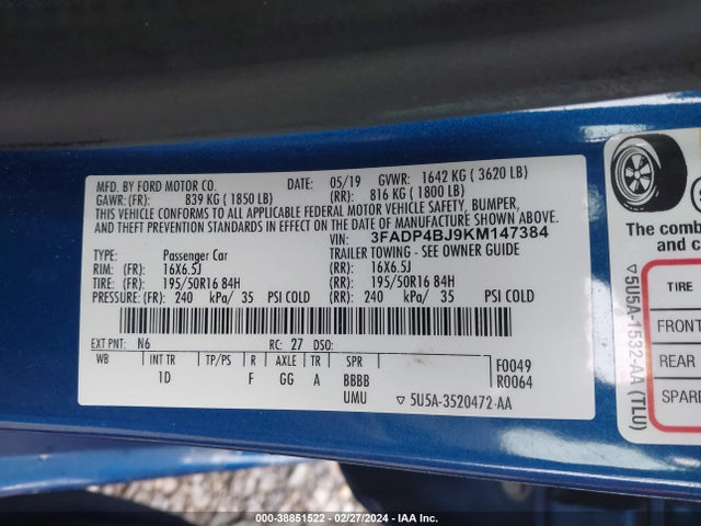 Ford FIESTA SE 2019 3FADP4BJ9KM147384 Image 9