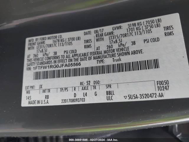 Ford F-150 Raptor 2018 1FTFW1RG0JFA05566 Image 9