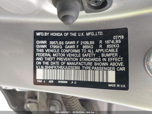Honda CIVIC EX 2018 SHHFK7H5XJU232300 Image 9