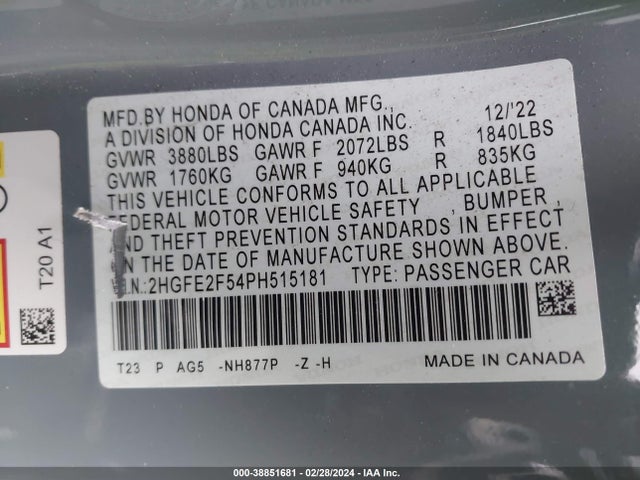 Honda Civic Sport 2023 2HGFE2F54PH515181 Image 9