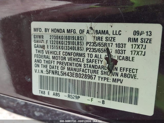 Honda ODYSSEY EX 2014 5FNRL5H43EB028967 Image 9