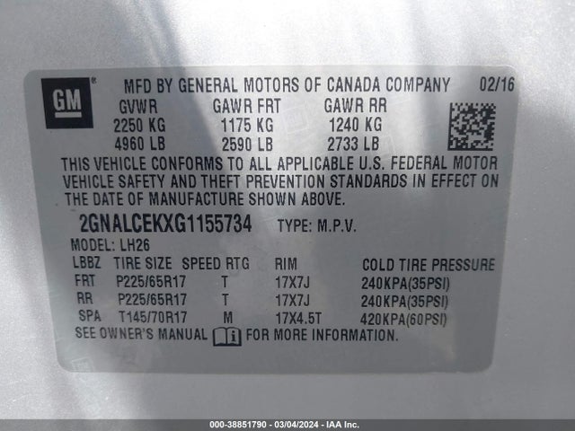 Chevrolet EQUINOX LT 2016 2GNALCEKXG1155734 Image 9