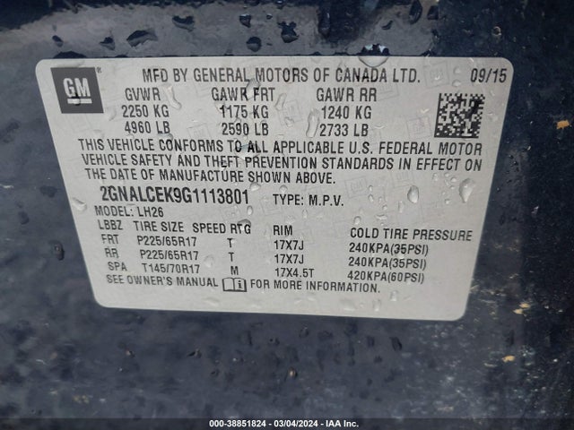 Chevrolet EQUINOX LT 2016 2GNALCEK9G1113801 Image 9