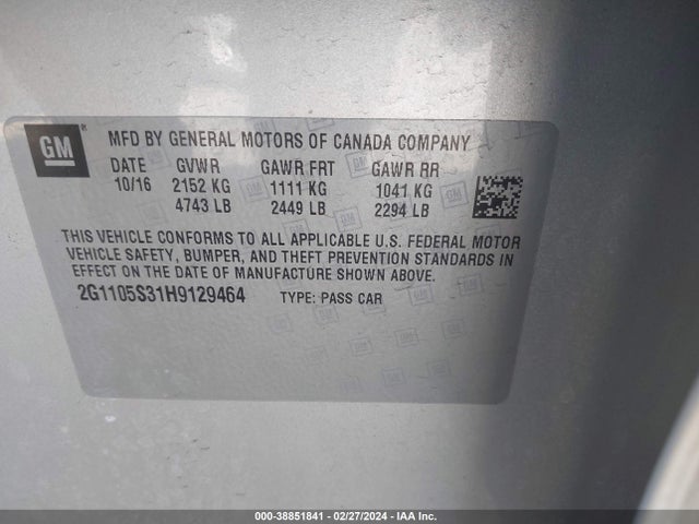 Chevrolet IMPALA 1LT 2017 2G1105S31H9129464 Image 9