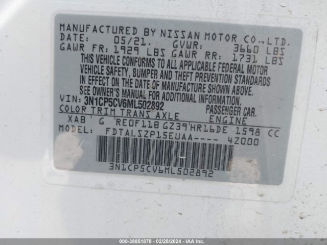 3N1CP5CV6ML502892 Nissan Kicks Sv Xtronic Cvt