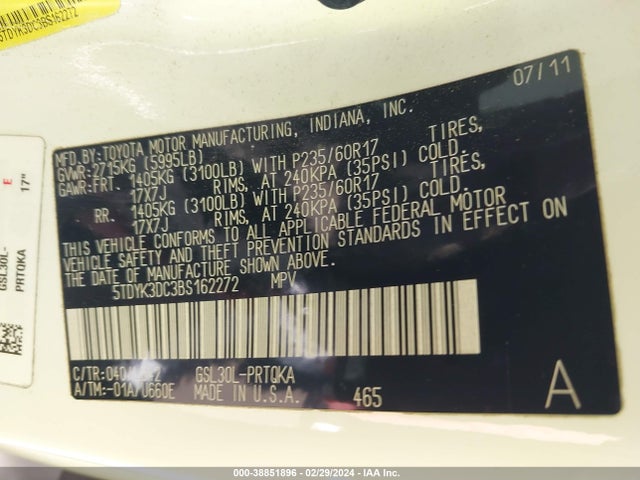 2011 TOYOTA SIENNA XLE V6 VIN: 5TDYK3DC3BS162272