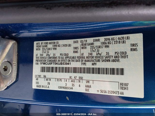 1FMCU0F75KUB53941 Ford ESCAPE S