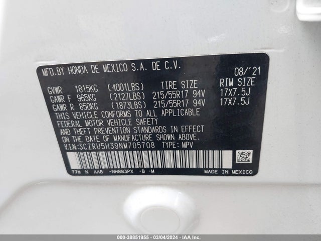 Honda Hr-v 2wd Lx 2022 3CZRU5H39NM705708 Image 9